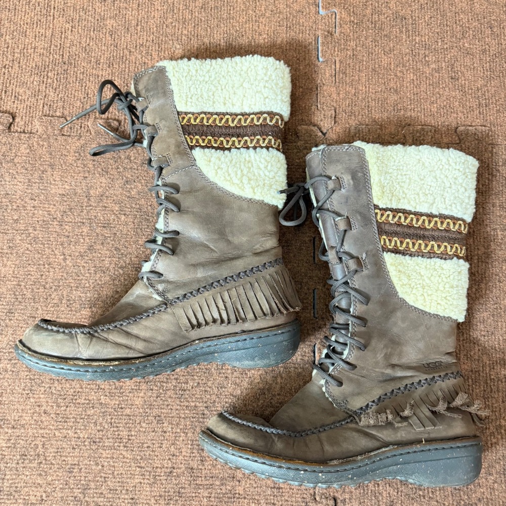 UGG Australia Sunburst Tall Lace Up Fringe‎ Boots Brown Leather Shearling 5752 7